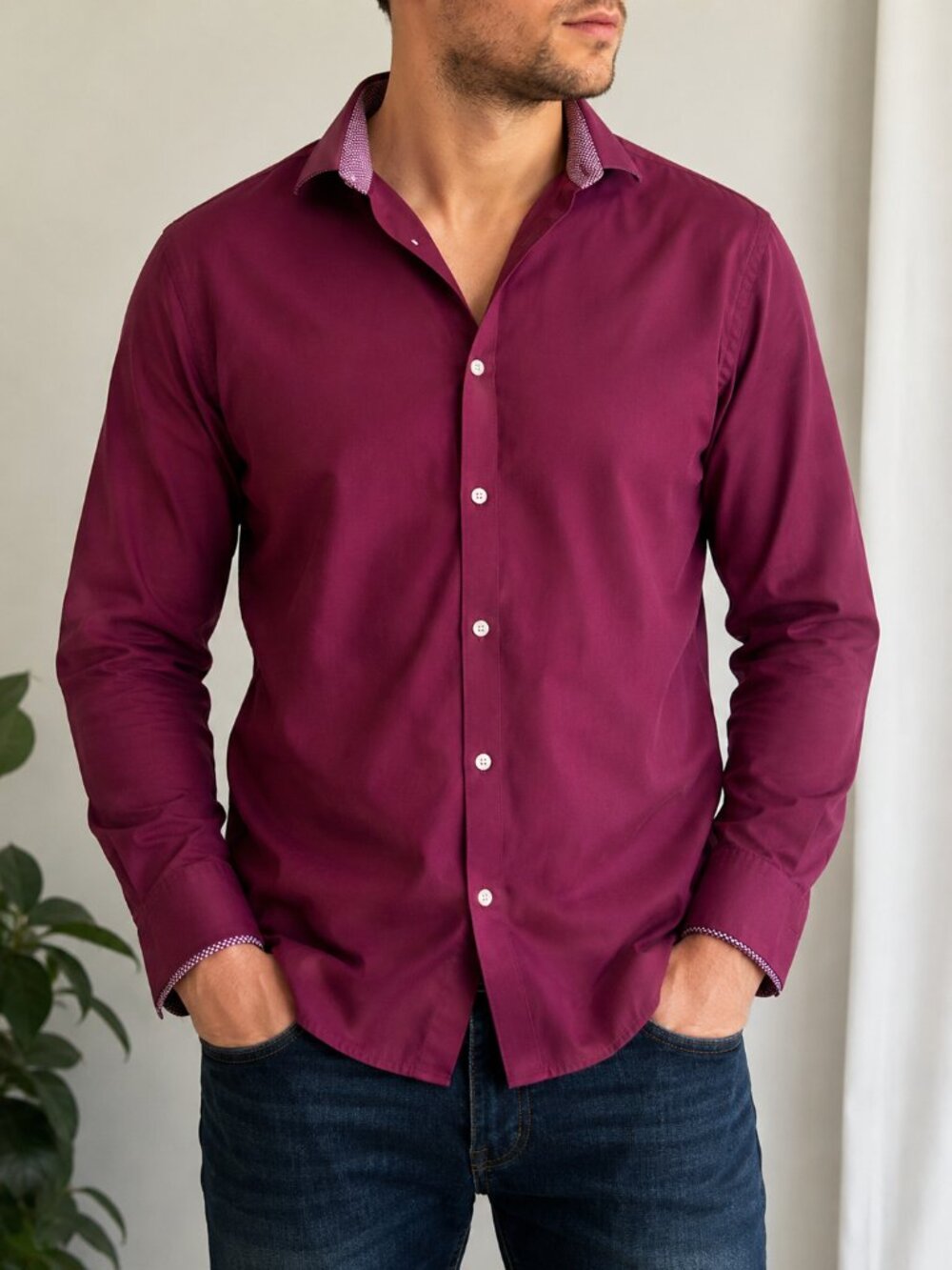 Nicole Miller New York Men’s Burgundy Button Down Shirt M 15-15.5
